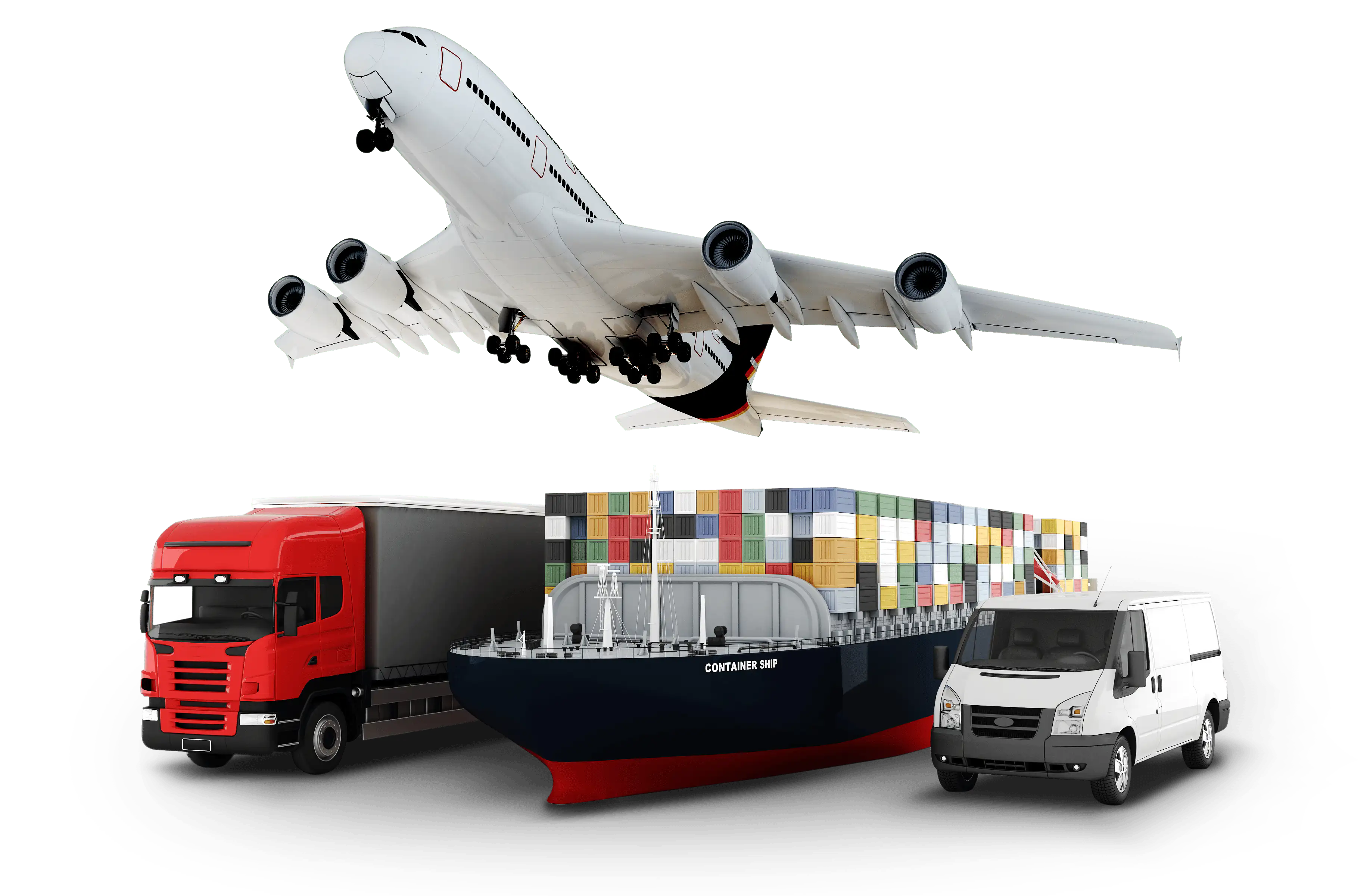 Air, sea, and ground freight logistics - airplane, container ship, truck, and delivery van